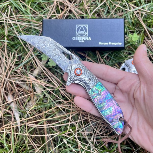 Couteau pliant karambit Obespina knife acier damas ormeau #0174 – Image 3