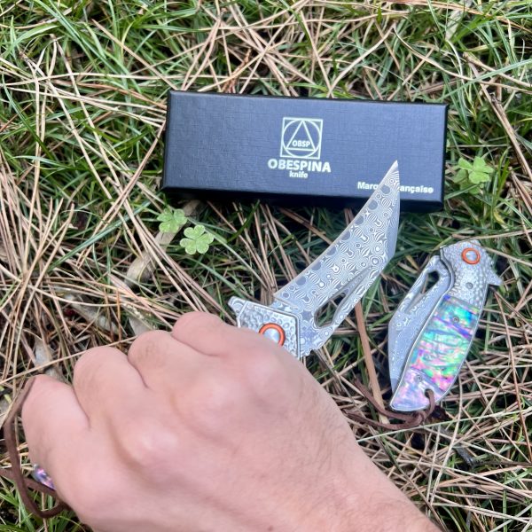 Couteau pliant karambit Obespina knife acier damas ormeau #0174 – Image 4