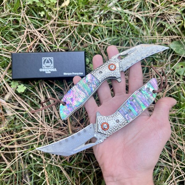 Couteau pliant karambit Obespina knife acier damas ormeau #0174 – Image 7
