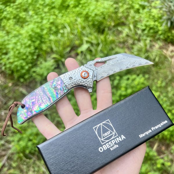 Couteau pliant karambit Obespina knife acier damas ormeau #0174 – Image 5
