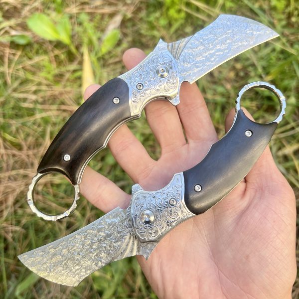 Couteau pliant Karambit acier damas inox avec étui #0189 – Image 2