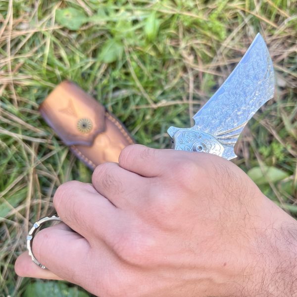 Couteau pliant Karambit acier damas inox avec étui #0189 – Image 3