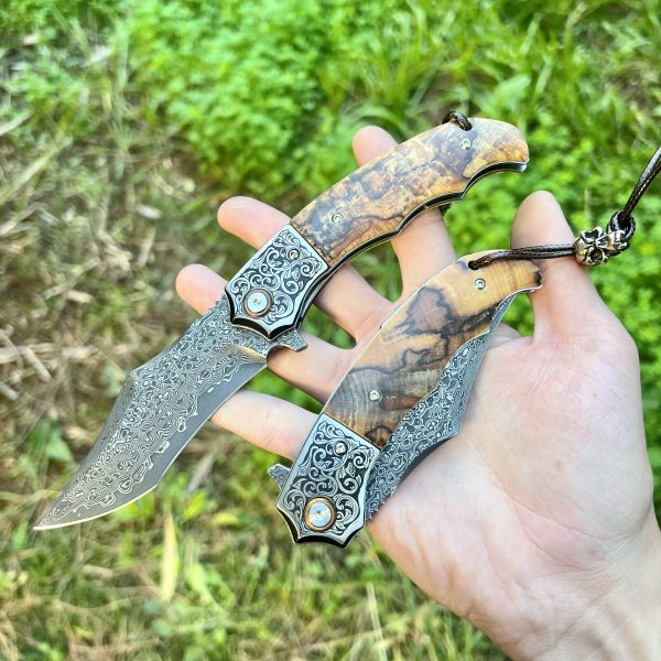 Couteau pliant artisanal acier damas luxe tête de mort #0193 – Image 2