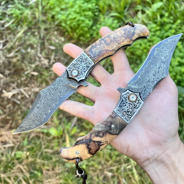 Couteau pliant artisanal acier damas luxe tête de mort #0193 – Image 3