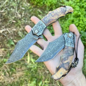 Couteau pliant artisanal acier damas luxe tête de mort #0193