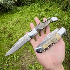 Couteau pliant damas tire bouchon cran forcé avec étui tête Corse #0215