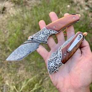 Couteau pliant acier damas luxe manche bois #253