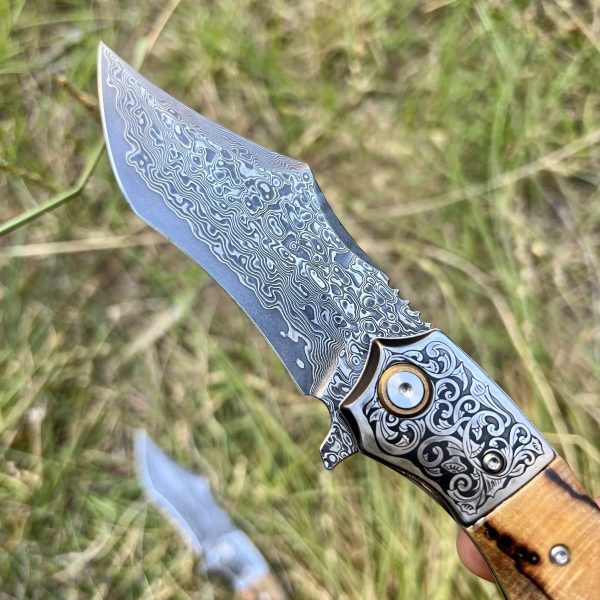 Couteau pliant acier damas luxe tête de mort #254 – Image 4