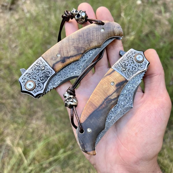 Couteau pliant acier damas luxe tête de mort #254 – Image 3