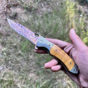 Couteau pliant artisanal damas anodisé #258