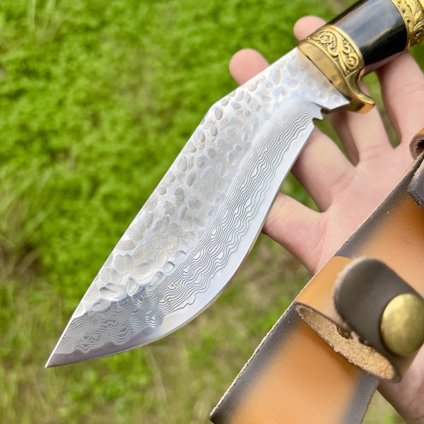Khukuri acier damas manche doré #266 – Image 2