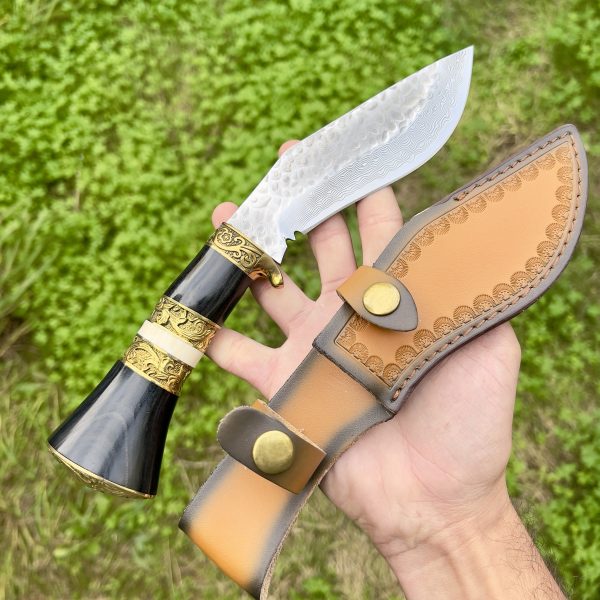 Khukuri acier damas manche doré #266 – Image 3