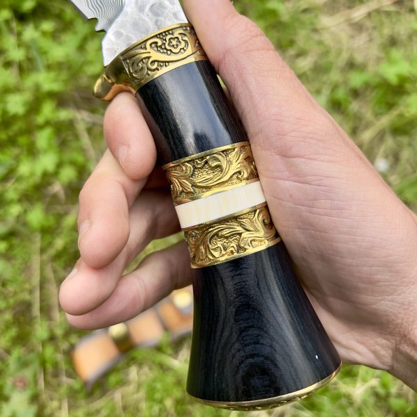 Khukuri acier damas manche doré #266 – Image 5