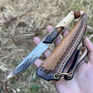 Magnifique couteau damas lame fixe bois stabilisé #309